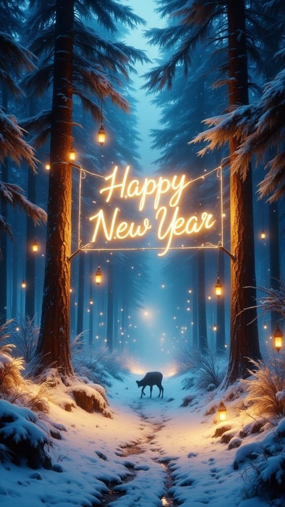 Magical Snowy Forest at Night with Aurora Sky