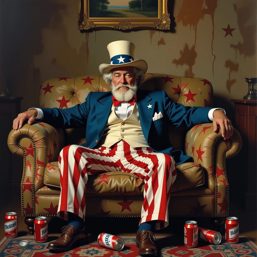 Uncle Sam Passed Out on Sofa in Rockwell Style