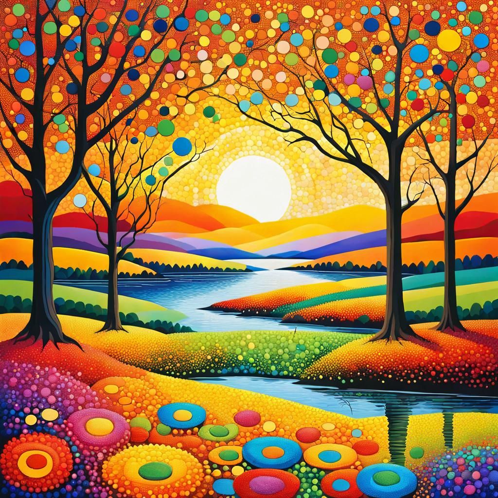 Pointillism, fantasy landscape