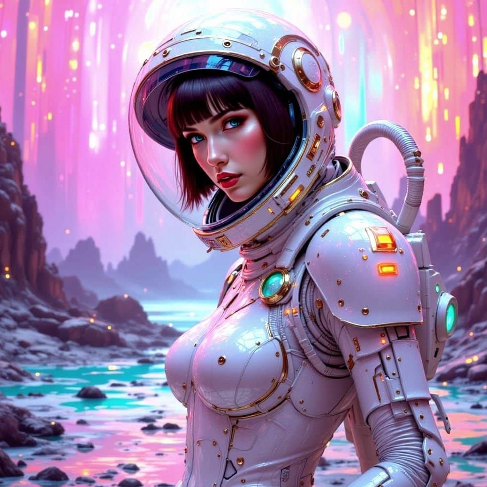 Retro-Futuristic Woman in Alien Landscape, Oil Painting