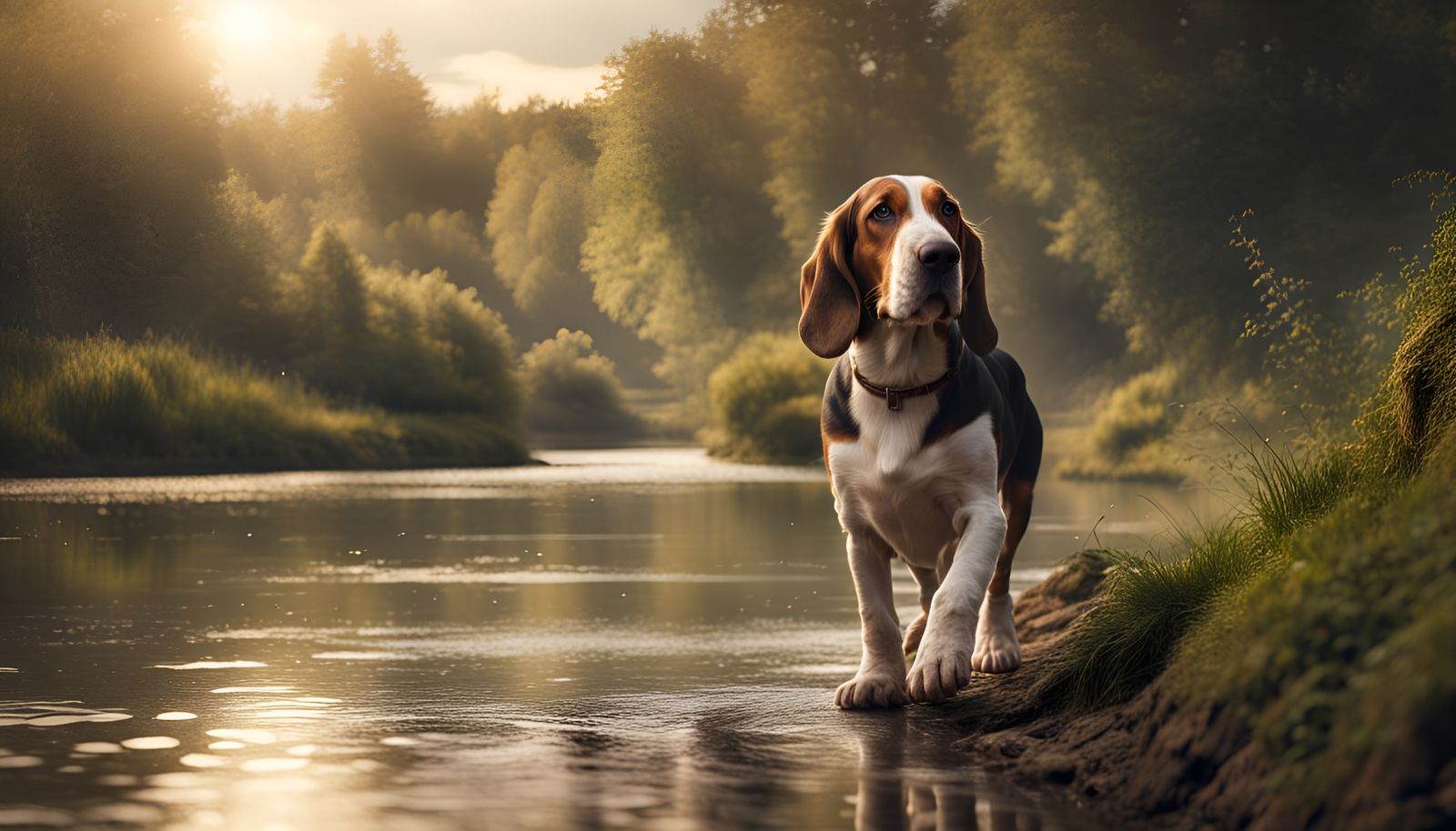 Young Basset Hound's Morning Riverside Walk
