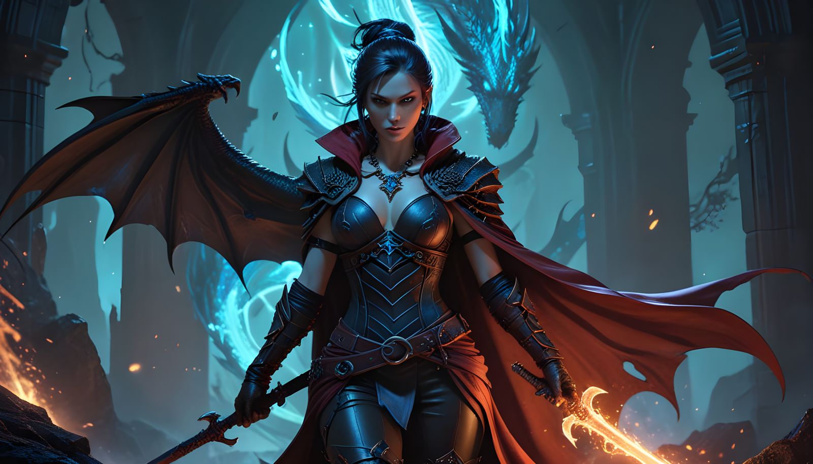 Confident Warrior Maiden in Deep Red Cloak and Chainmail