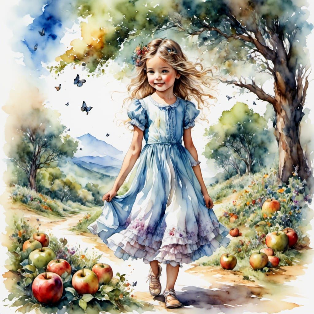 Little Girl Portrait in Romantic Watercolor Style