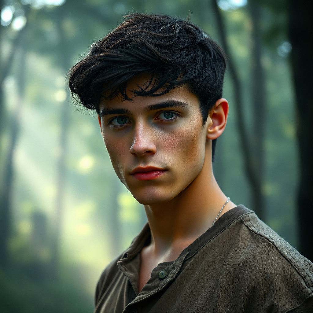 Heroic Young Man in Misty Forest Landscape