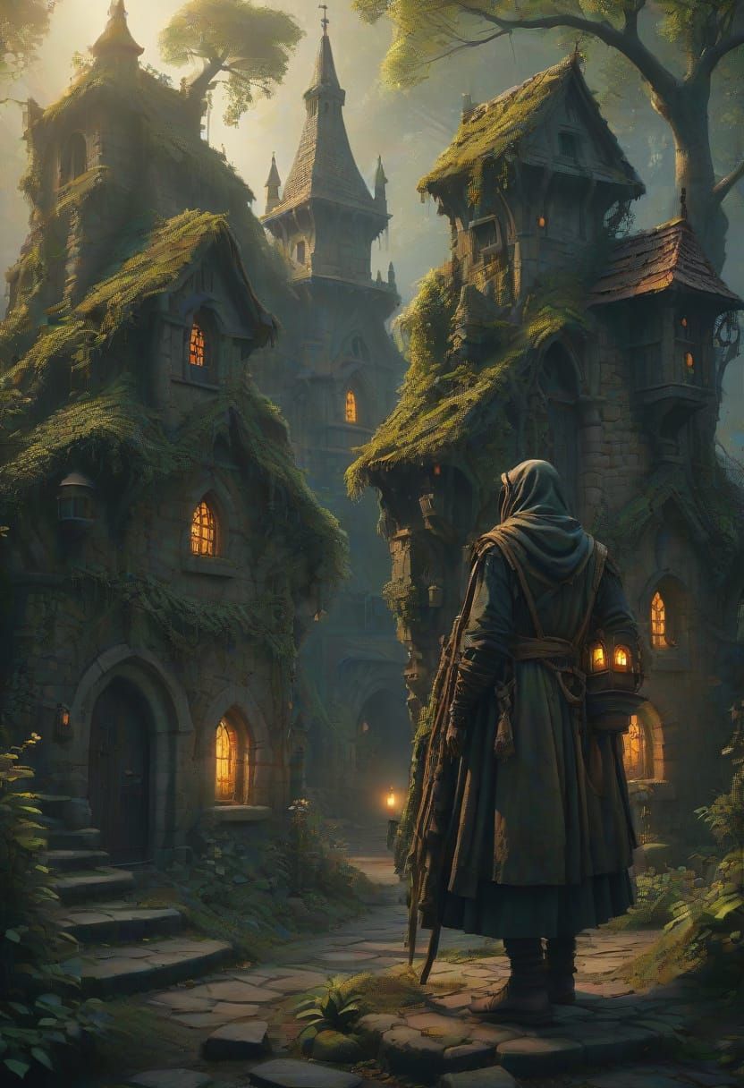 Fantastical Beggar in the Woods, Miniature City on His Head