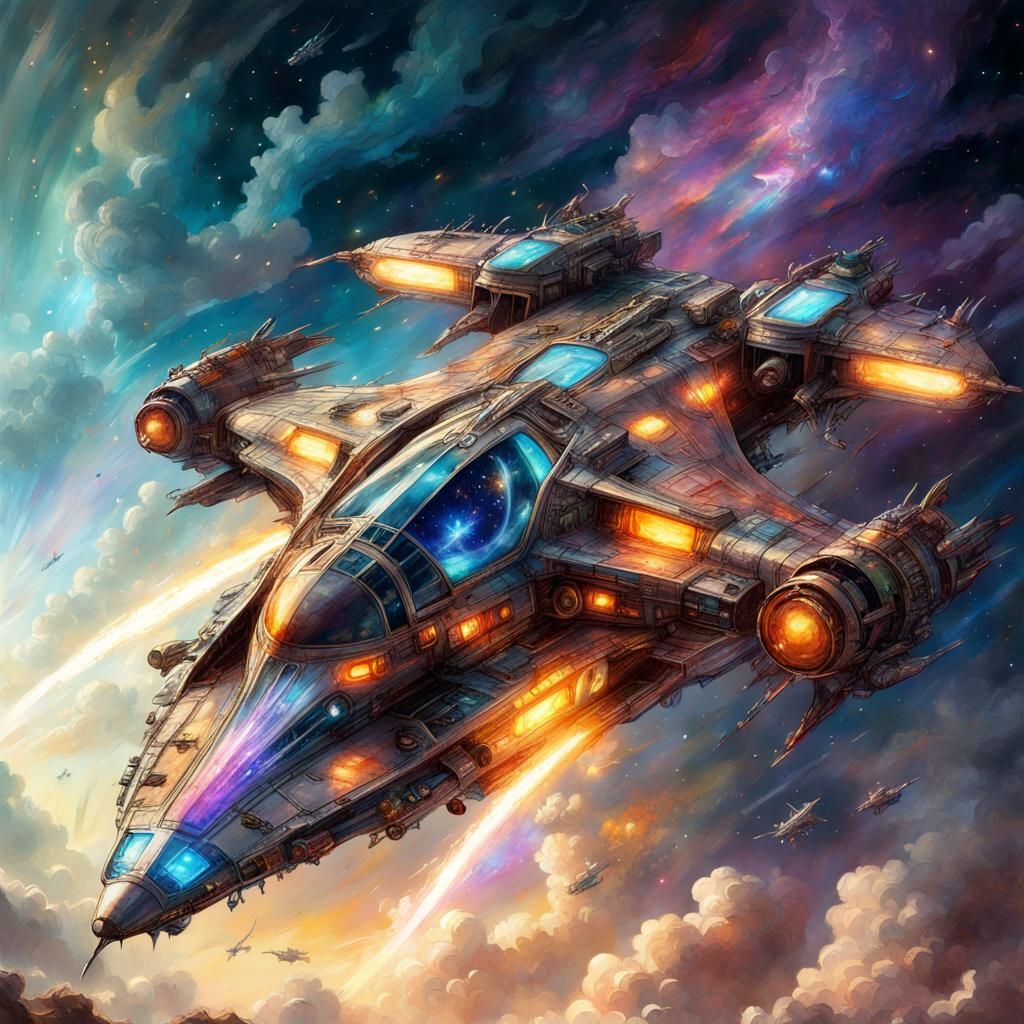 Detailed Sci-Fi Fighter Starship with Glowing Windows