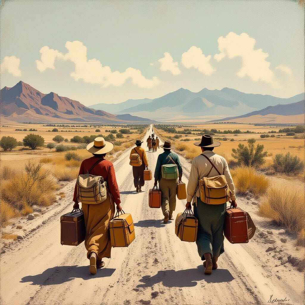 Migrant Journey Through Arid Lands: Evocative Realism