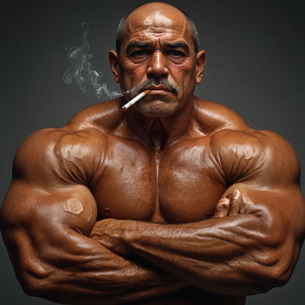 Oiled Muscular Man with Cigarette: Hyperrealistic Portrait
