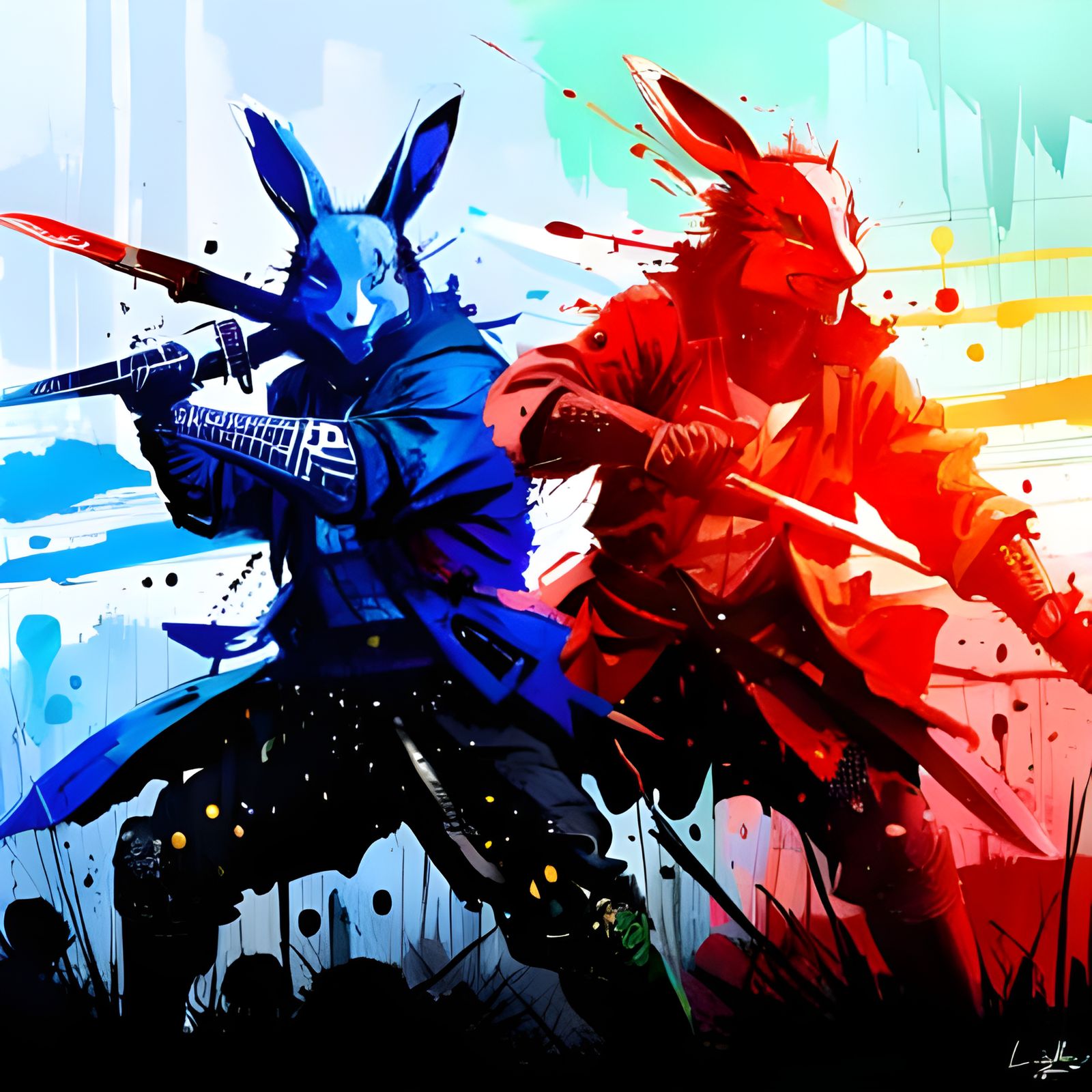 Rabbit Samurai Sword Fight in Maximalist Style