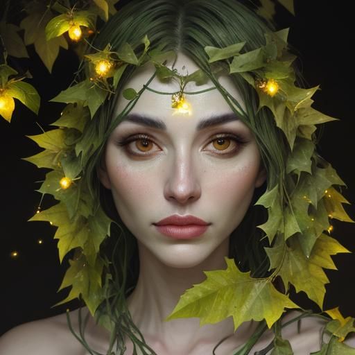 Vine Leaf Face Lit by Fireflies