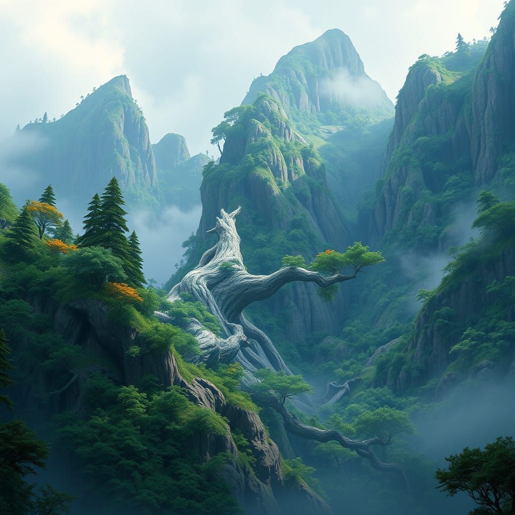 Majestic Mountain Range with Ancient Forest Giant