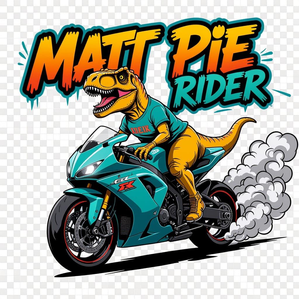 Funky T-Rex Rider on Super Bike in Muted Neon Tones