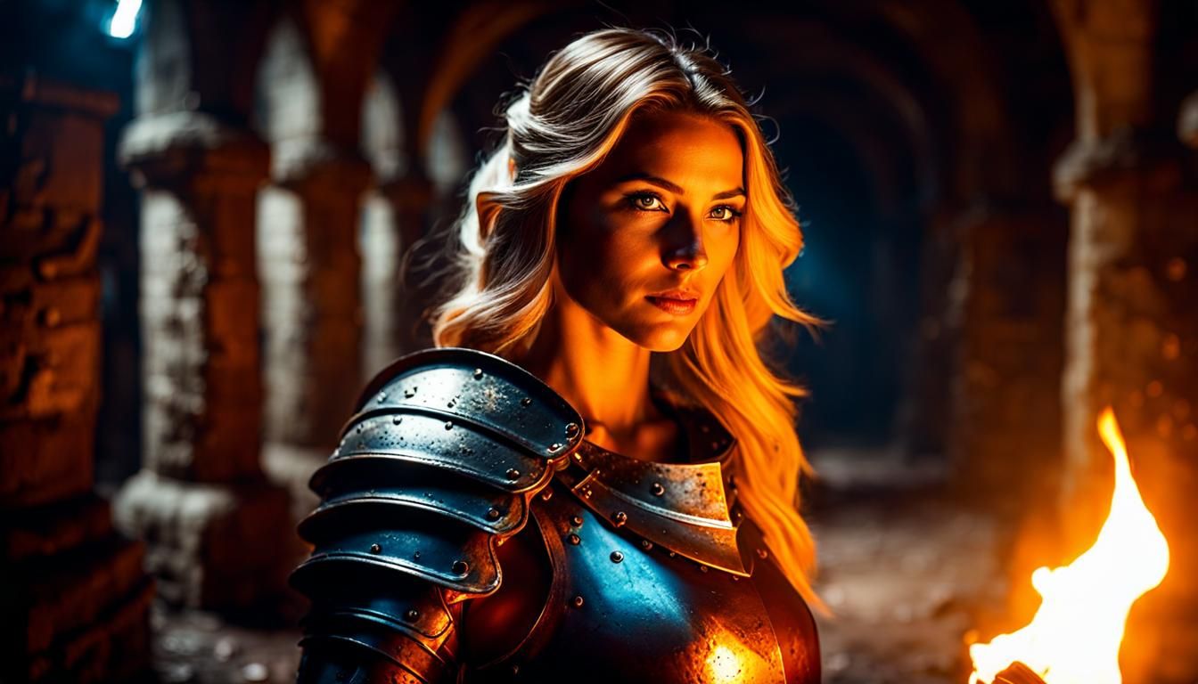 Female Knight Exploring Dark Catacombs in Dramatic Lighting