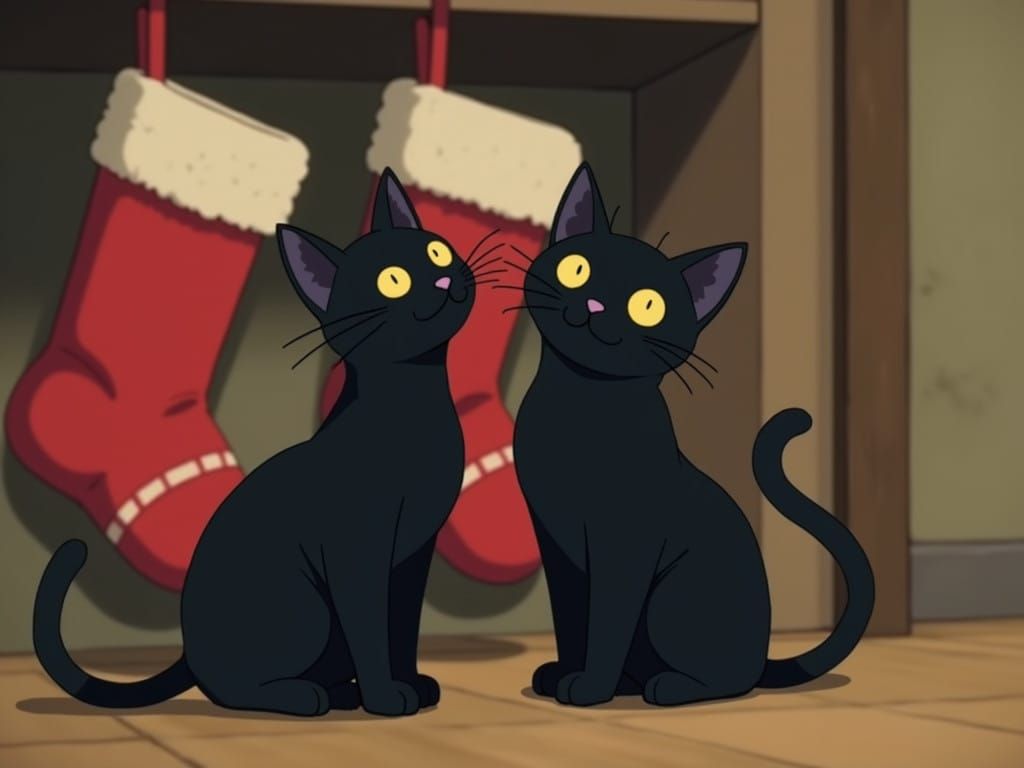 Whimsical Christmas Cats in Studio Ghibli Style