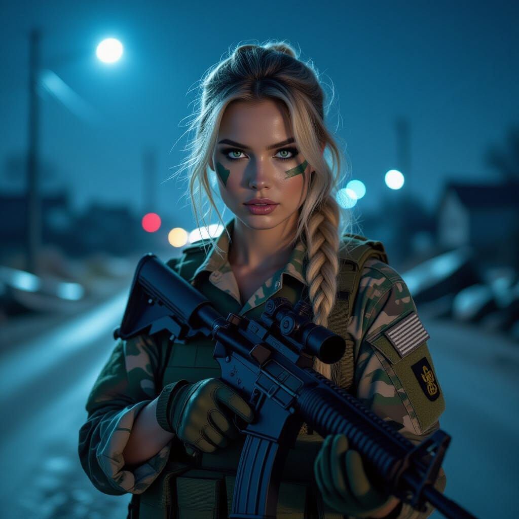 Alert Camouflage Woman with Rifle in Gritty Realism Style