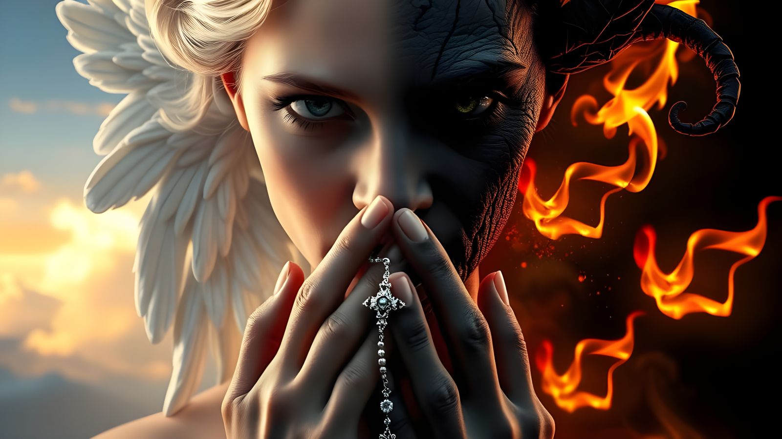 Divine Conflict Portrait in Hyper-Realistic Style