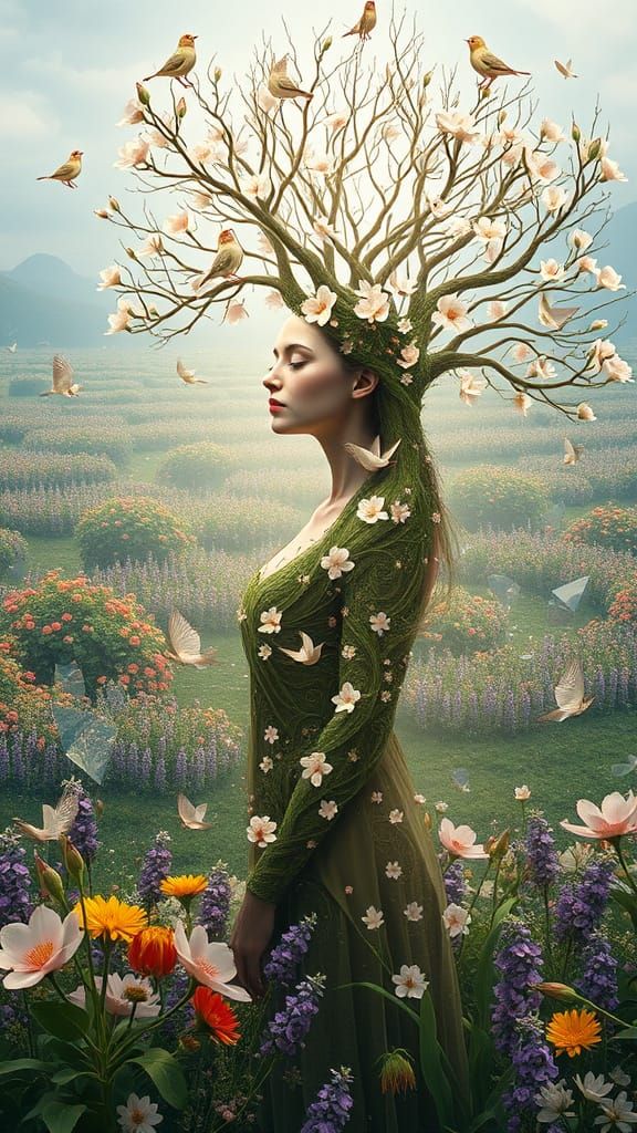 Surreal Goddess Blooms in Vibrant Springtime, Surrounded by ...