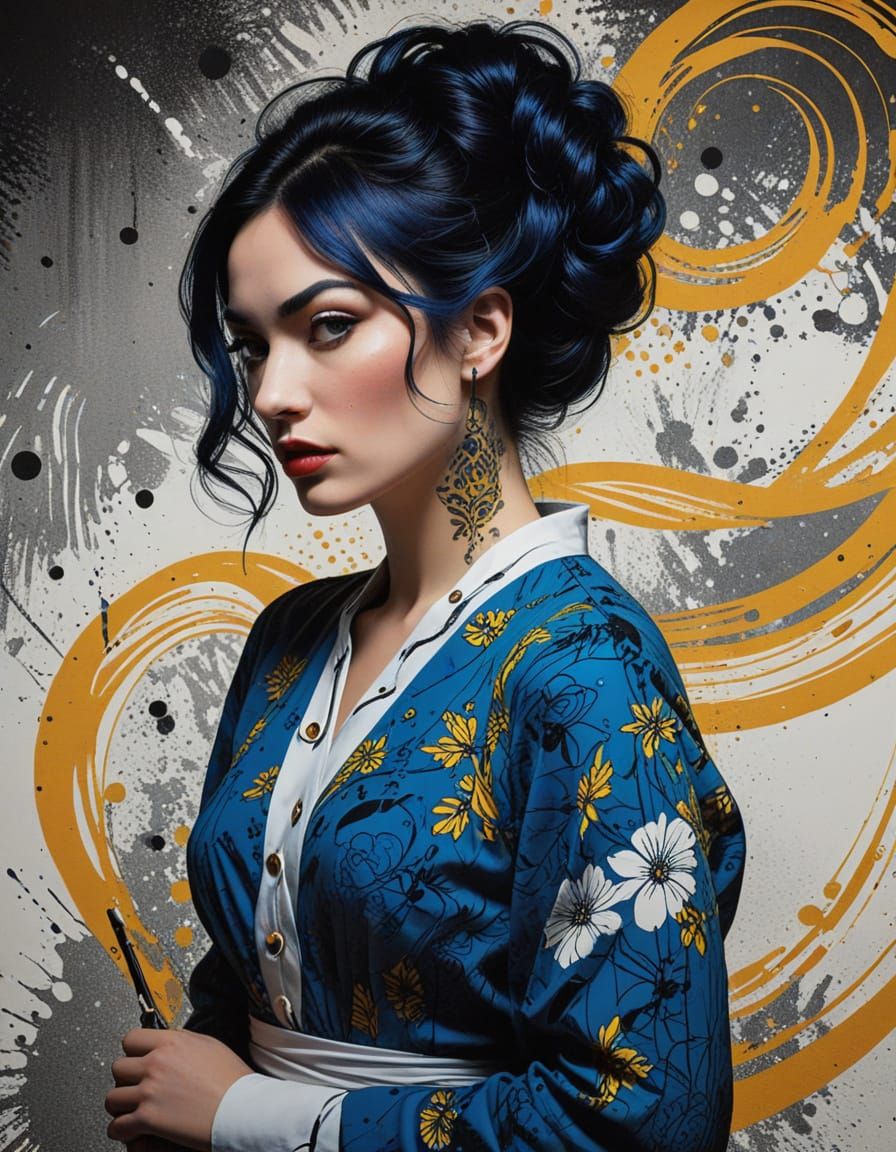 Moody Portrait in Risograph Style with Intricate Tattoos and...