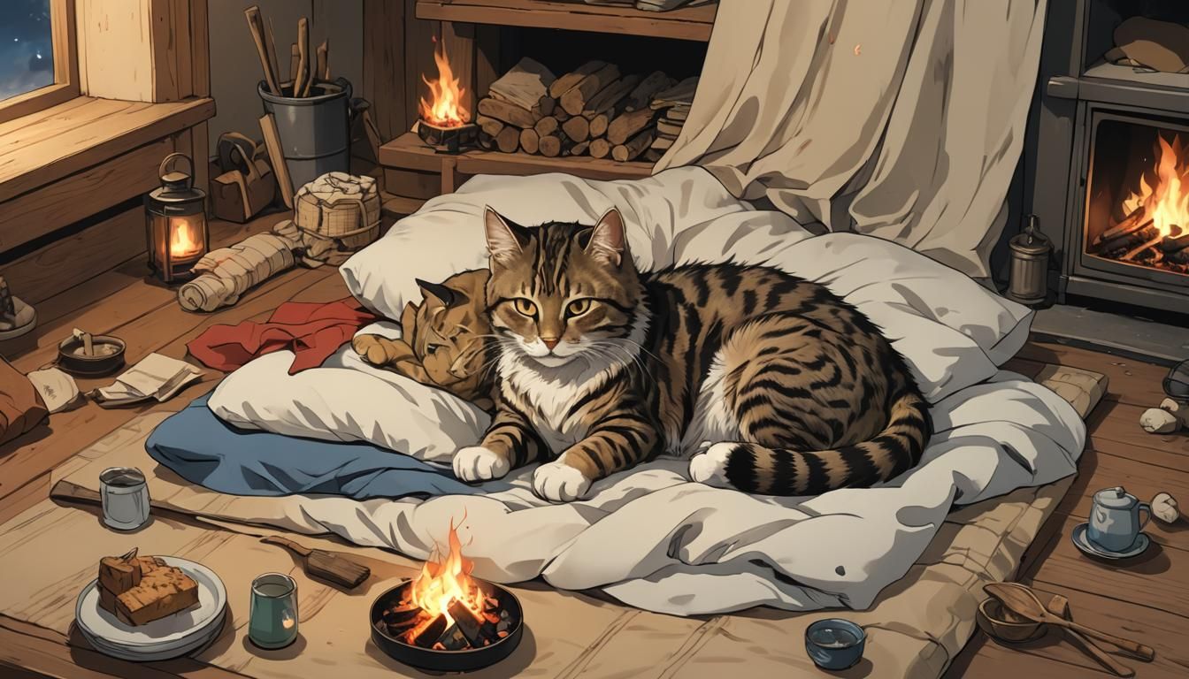Siberian Cat Sleeping by Campfire in Anime Style