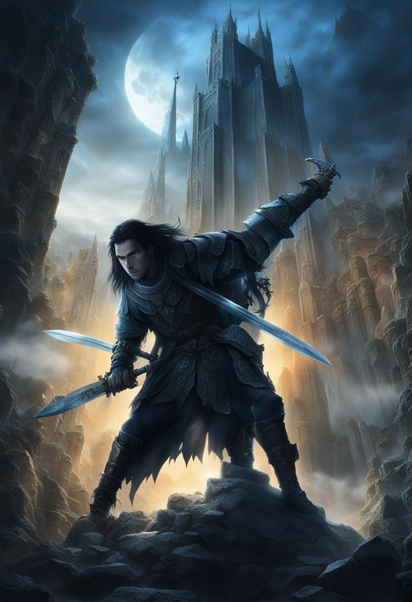 Brave Warrior in Gothic Cityscape Fantasy Art