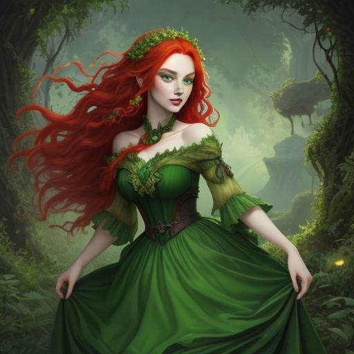 Cute Red-Haired Girl in Green Dress: Digital Art