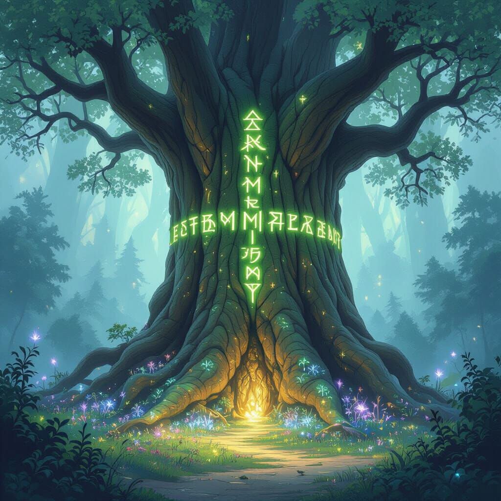 Mystical Glowing Runes on Ancient Tree, Airbrush Art