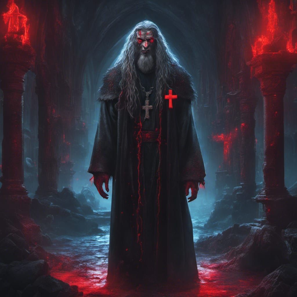 Werewolf Priest with Neon Cross in Dark Church