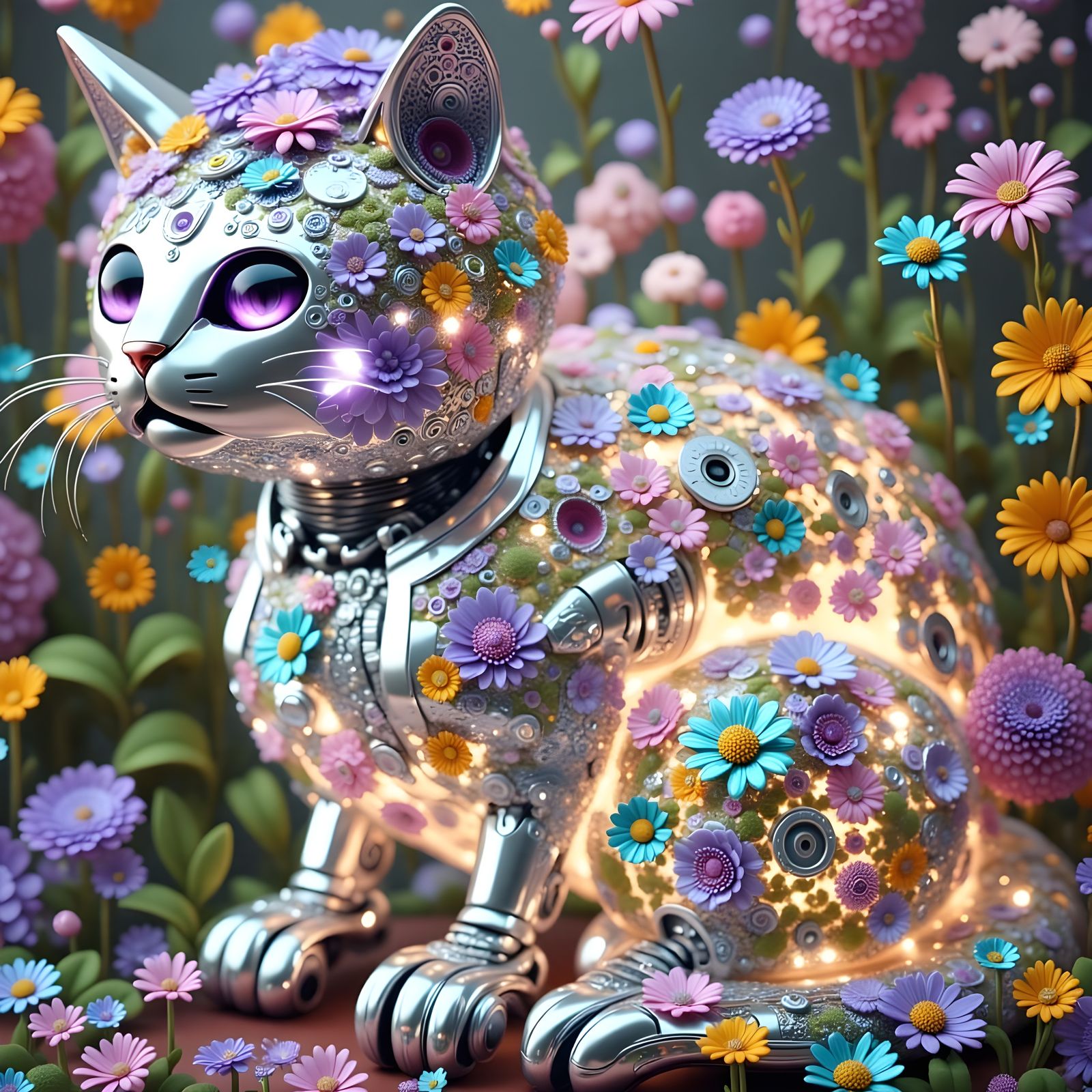 Surreal Chrome Kitty Among Blooming Flowers