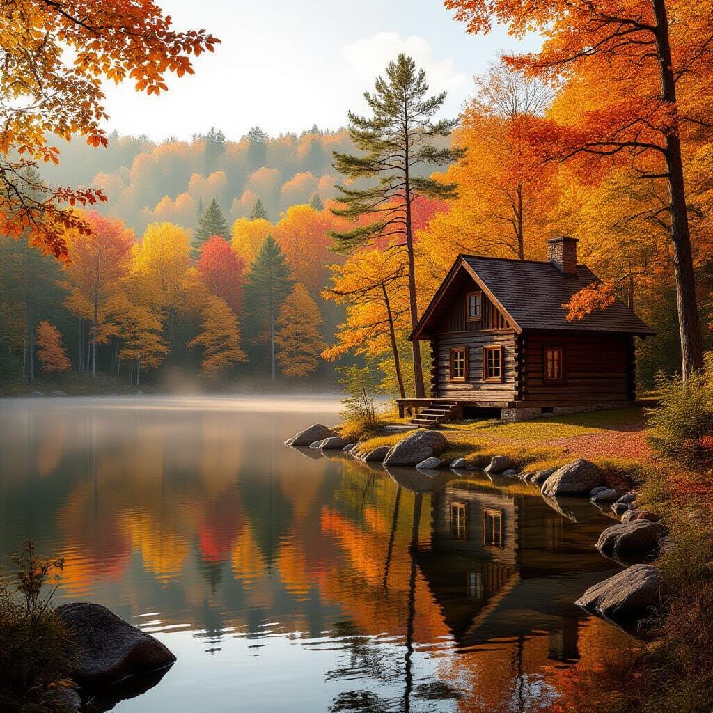 Golden Autumn Forest Cabin by Tranquil Lake