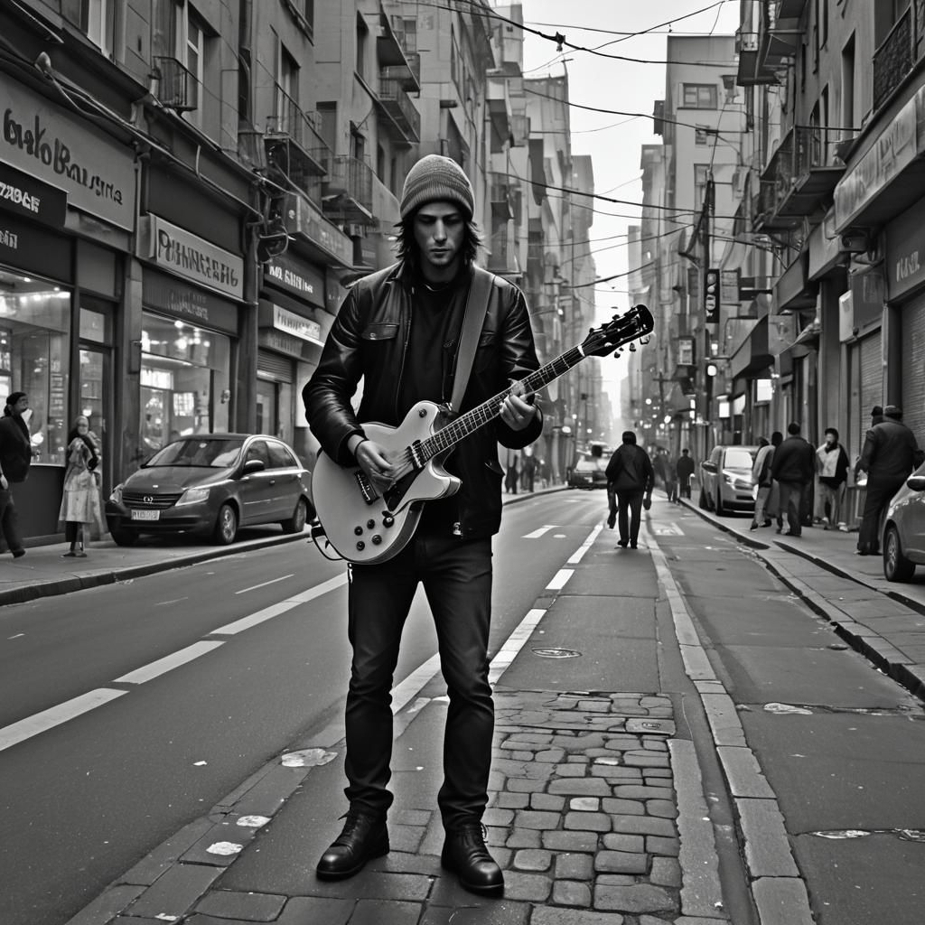Hyperdetailed Guitarist in Dark Fantasy Streetscape