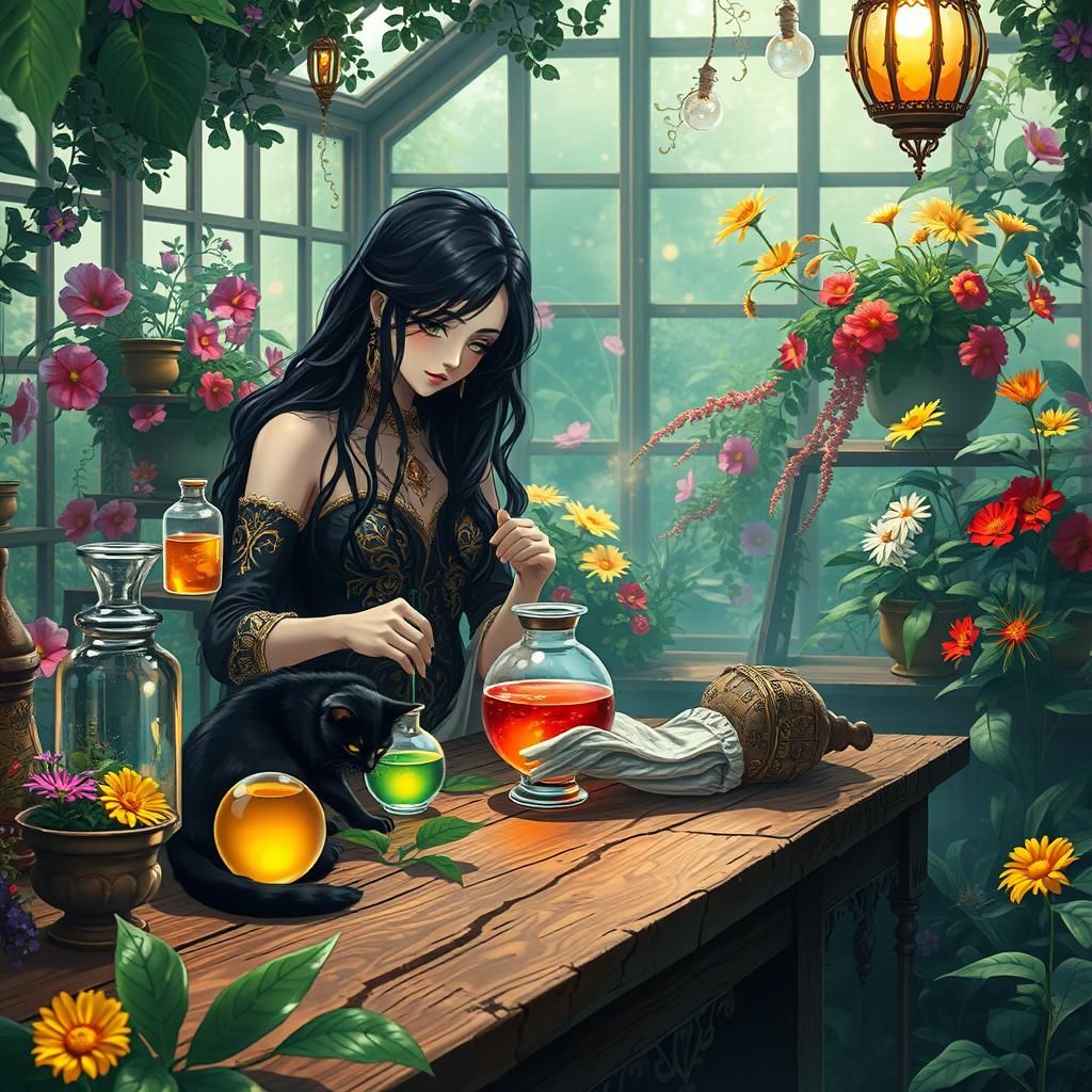 Enchanting Sorceress in Greenhouse Laboratory, Anime Style