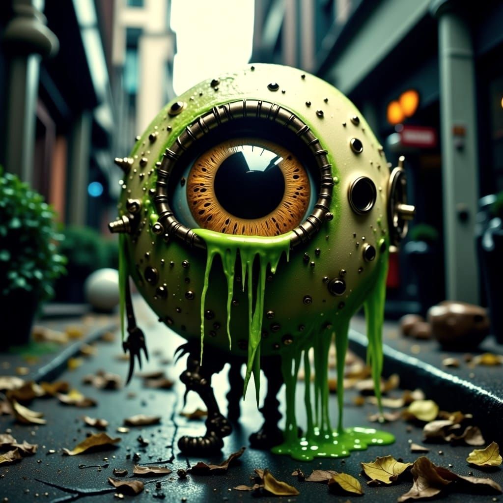 Eyeball Dripping Green Slime Walks Down Sidewalk