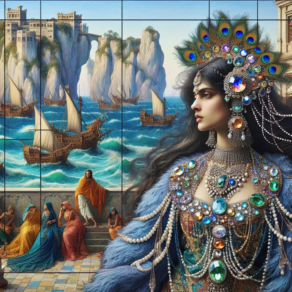 Indian Princess Adorned with Jewels in Pre-Raphaelite Style