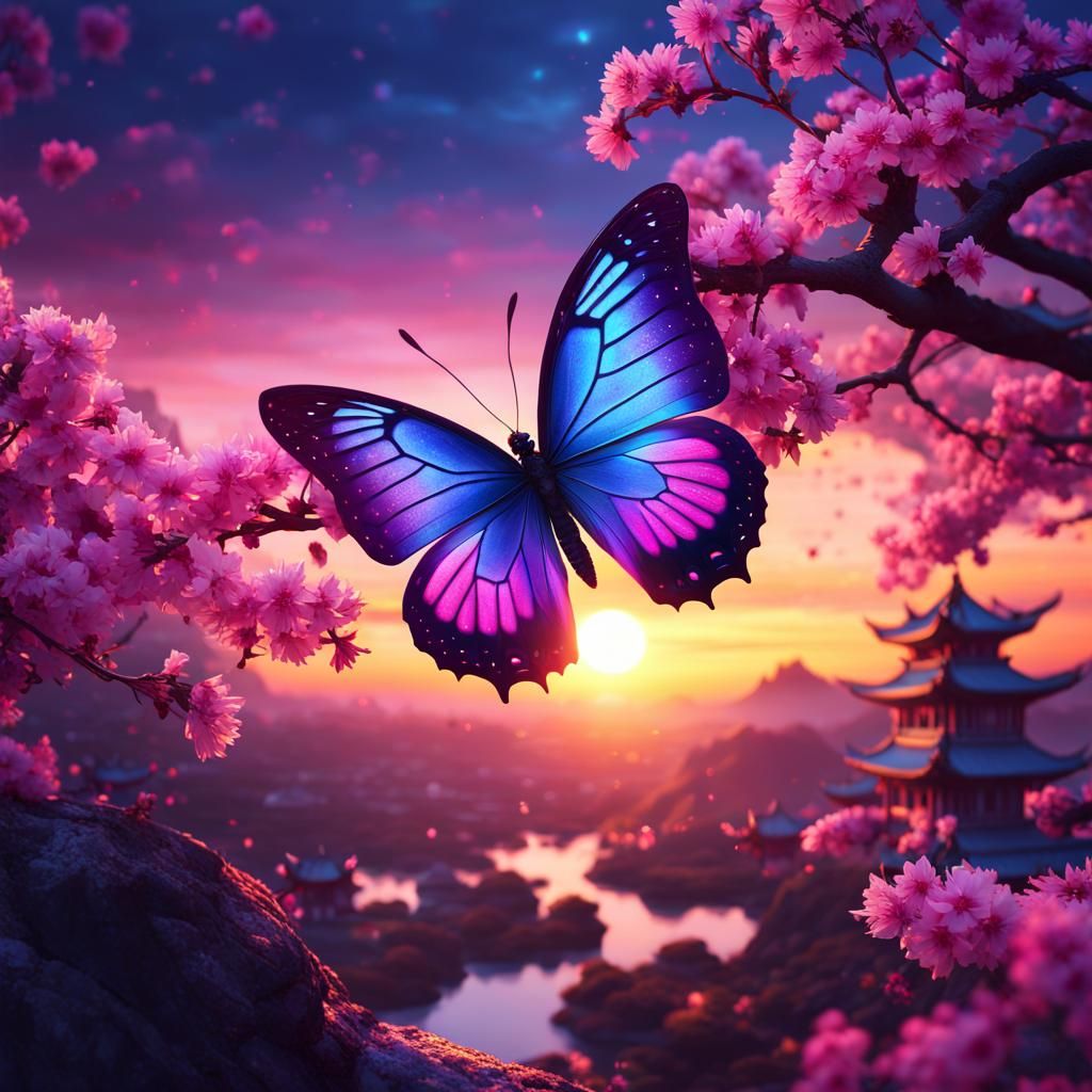 Sakura Butterfly in Mystical Chinese Sunset Landscape