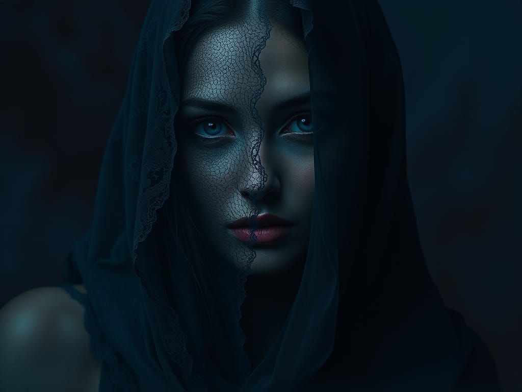 Enigmatic Woman Revealing Face in Moody Abstract Style