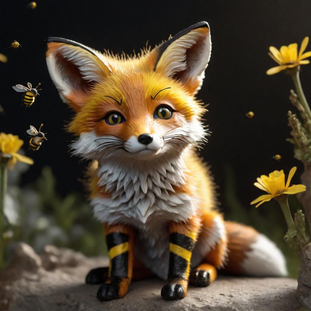 Photorealistic Baby Fox with Bee Stripes and Wings
