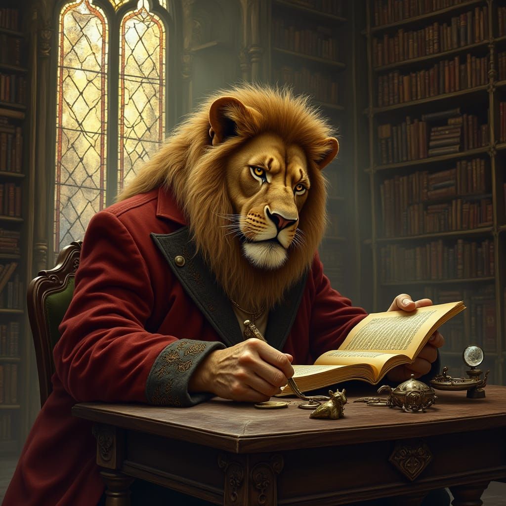 Lion in Library, Arthur Rackham Style