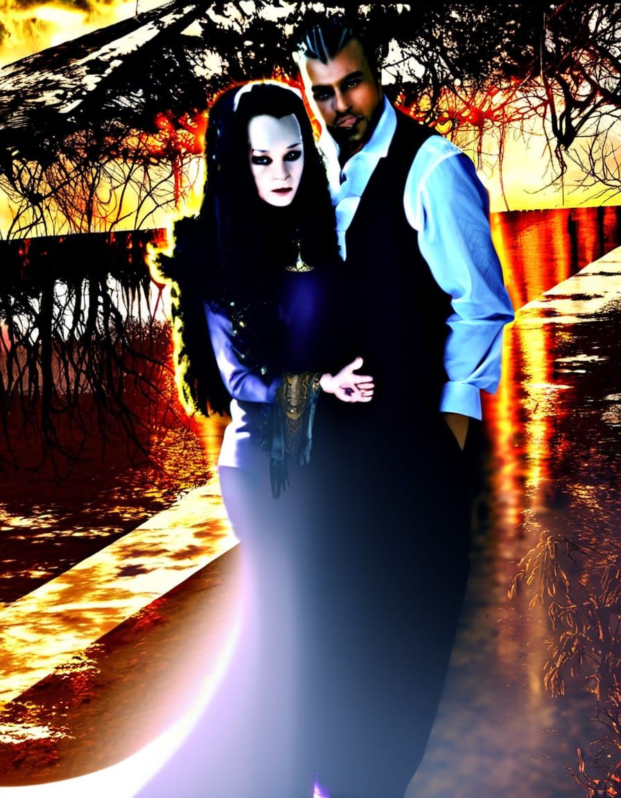 Interracial Vampire Couple Portrait in Vibrant Oil Painting