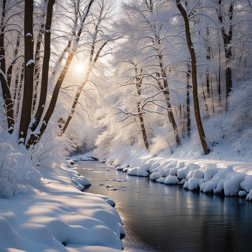 Snowy Forest and Frozen River Photography