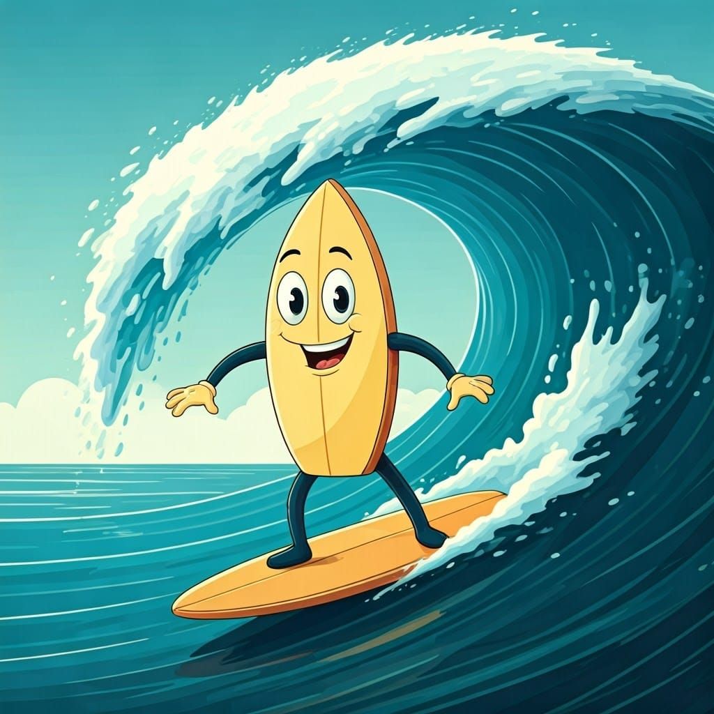 Cheerful Cartoon Surfboard Rides a Whimsical Wave