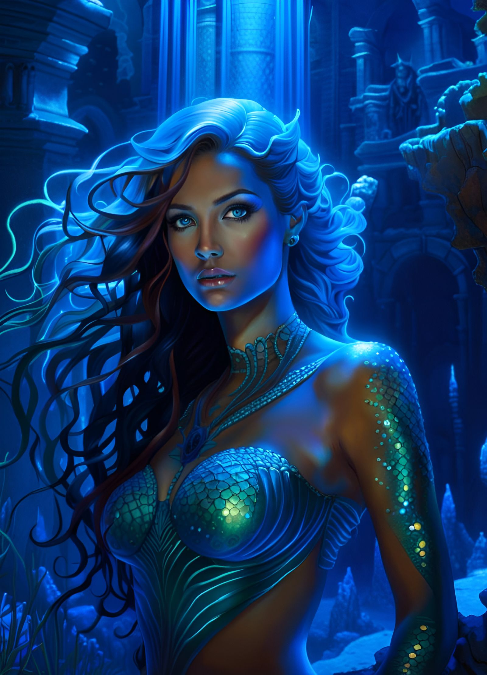 Glowing Mermaid in Underwater Atlantis Ruins