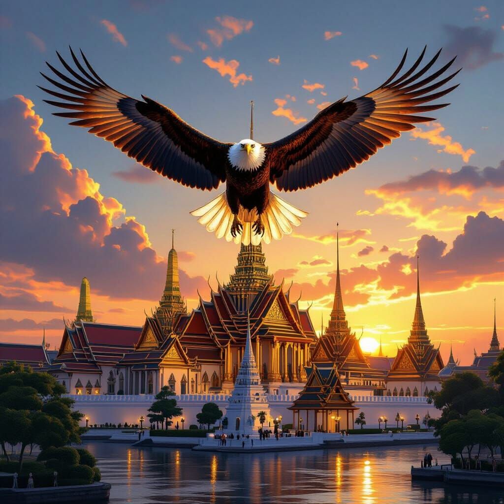 Majestic Eagle Over Grand Palace at Sunset