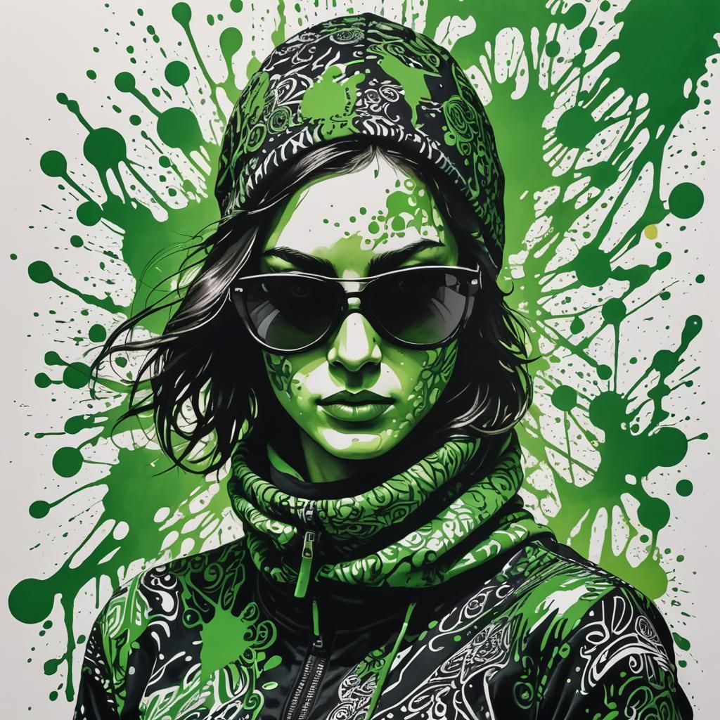 Brunette in Balaclava with Ink Splash Effects