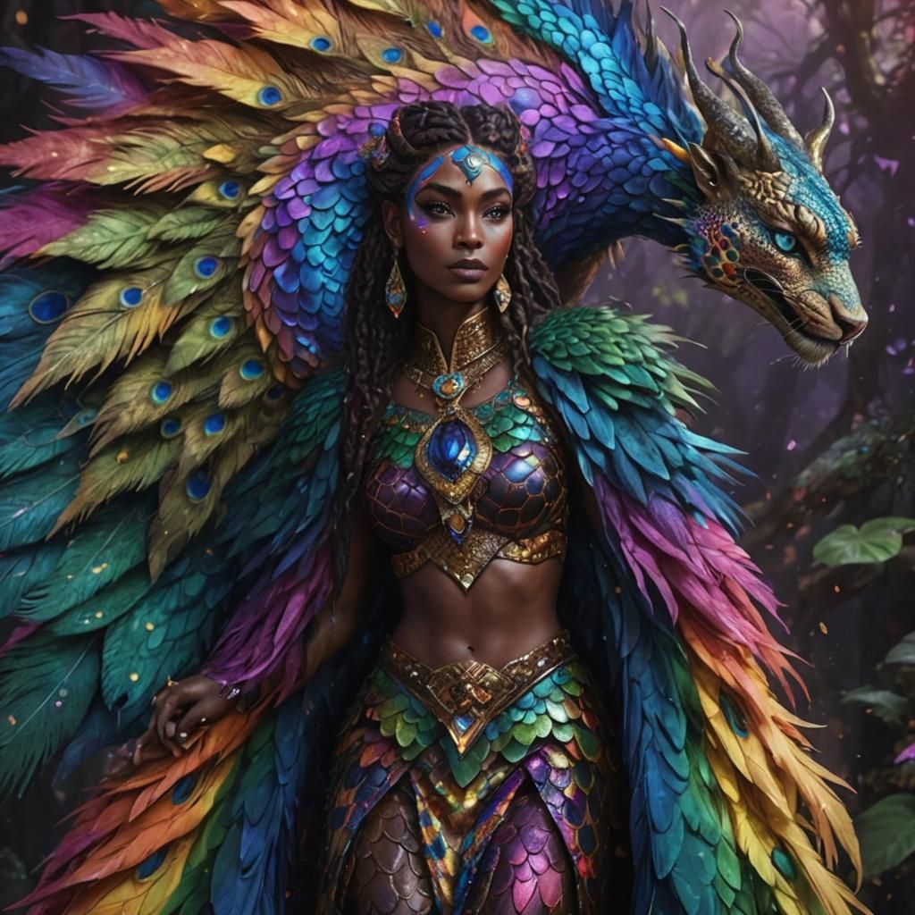 Fantastical Portrait: Woman with Dragon Scales and Peacock H...