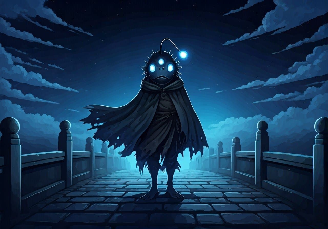Mystical Anglerfish Warrior on Ancient Bridge
