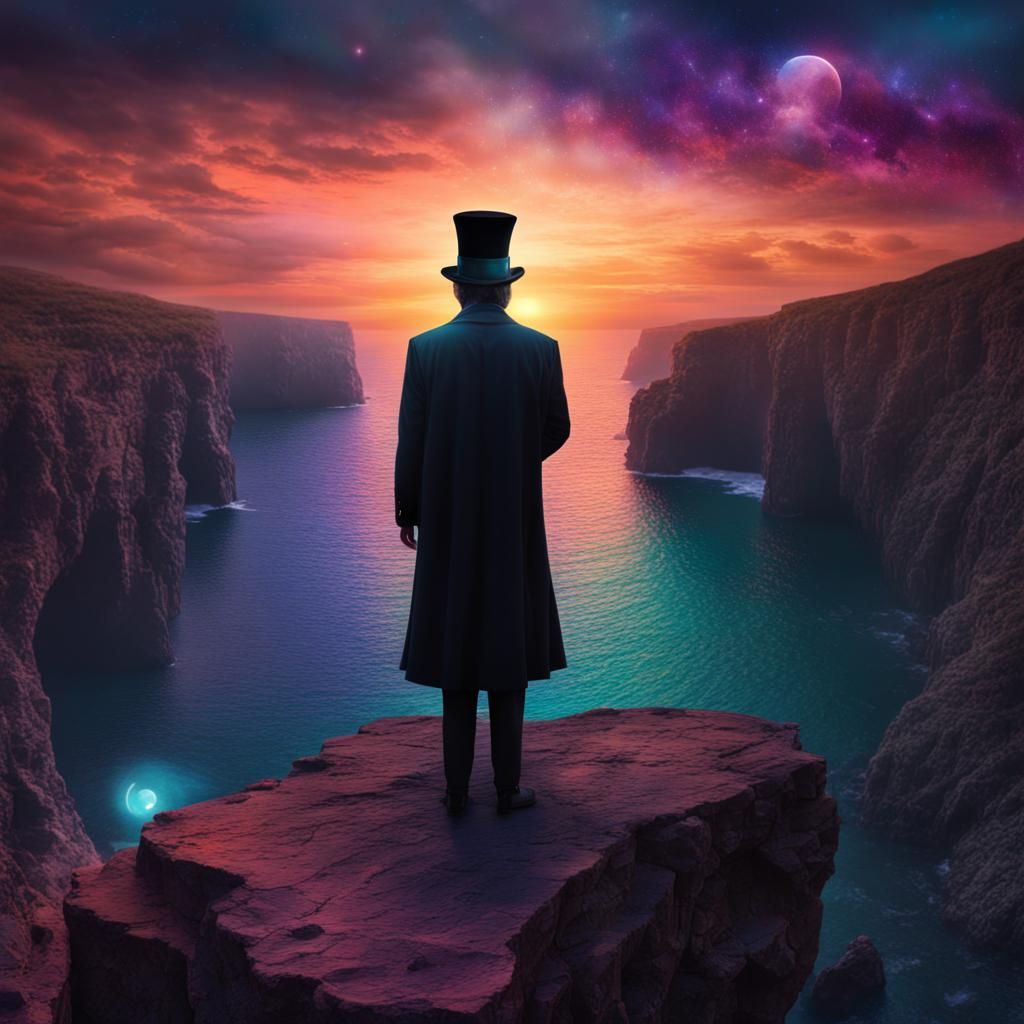 Mystical Cloaked Man at Sunset: Cosmic Mixed Media