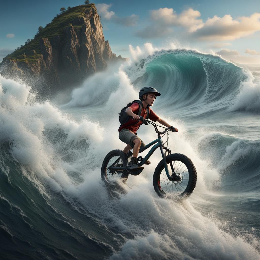 Boy Rides Floating Bike on Wild Ocean Waves