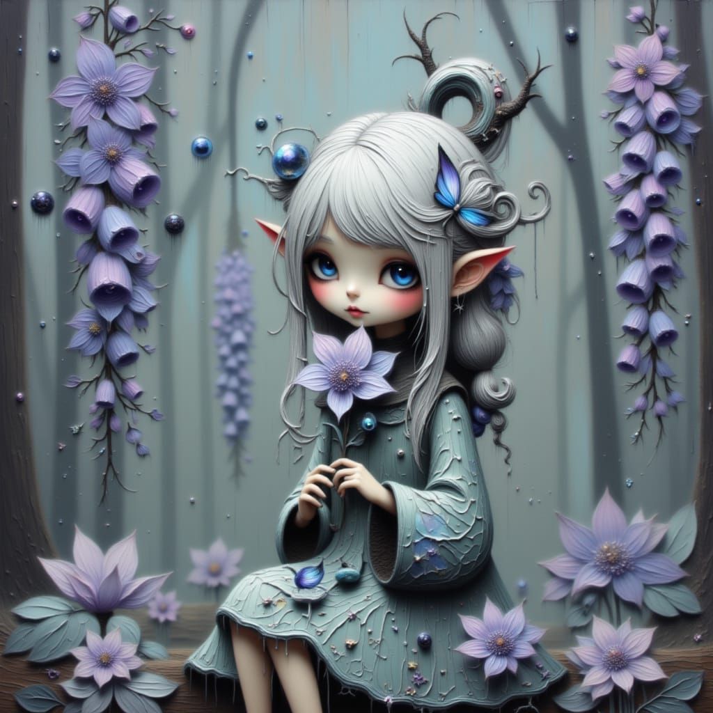 Ancient Pixie Figurine with Wisteria Bloom