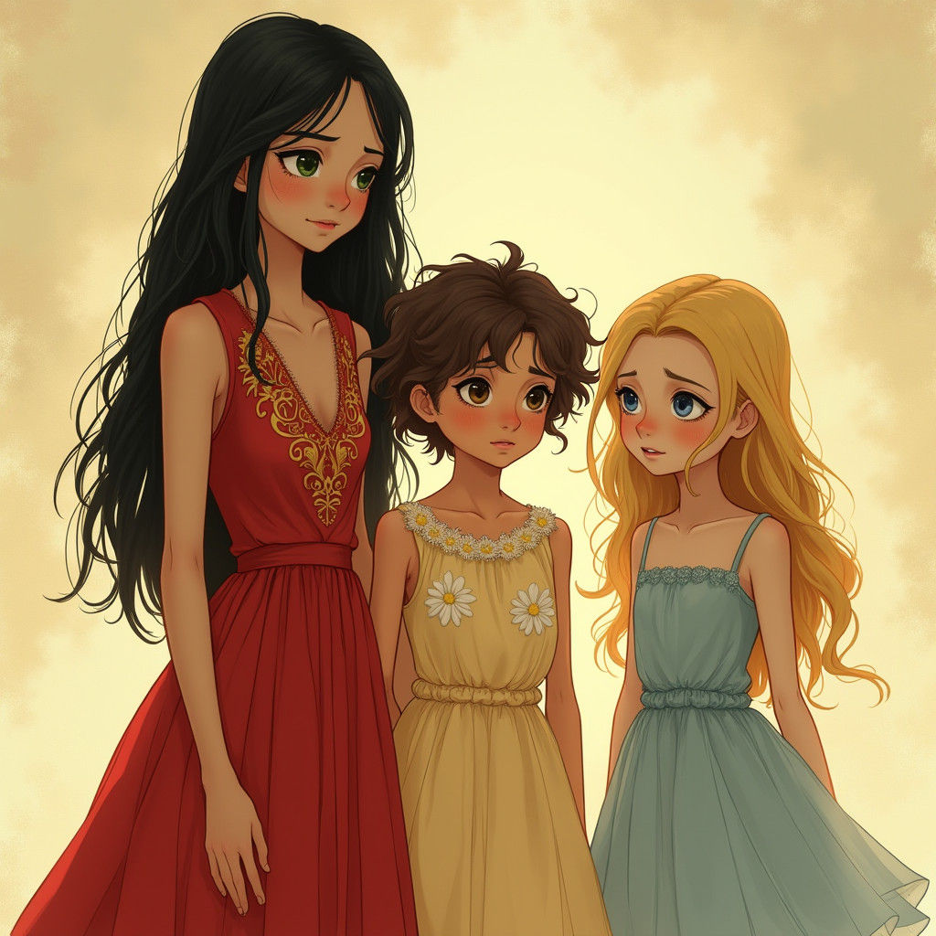 Three Girls in Rackham, Waterhouse, and Klimt Style