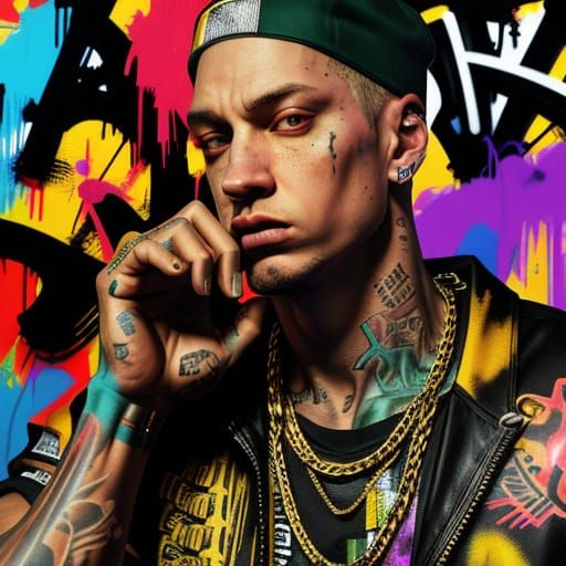 Eminem Rapping On Stage in Graffiti Art Style